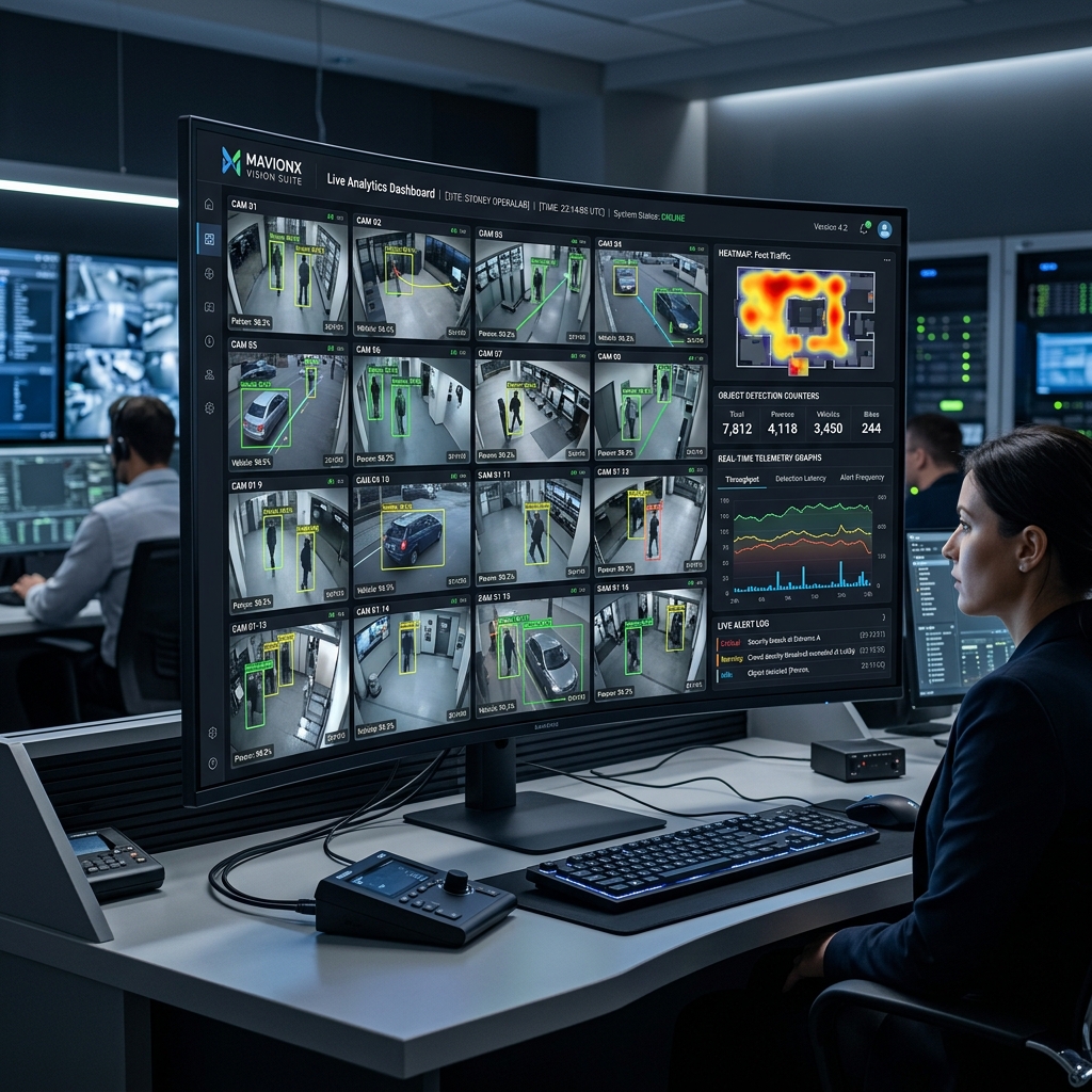 MavionX Enterprise AI Vision Control Center Dashboard displaying video feeds and real-time analytics